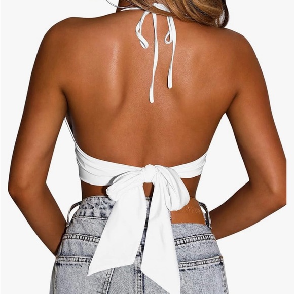 Women's Sexy Sleeveless Halter Deep V Neck Crop Top Tie Up Backless Cami - Picture 2 of 4